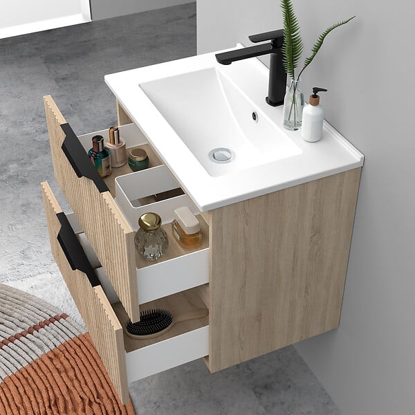 AICA SANITAIRE - Meuble de salle de bain suspendu Strié 60cm avec poignées + simple vasque + 2 tiroirs, Chêne - large