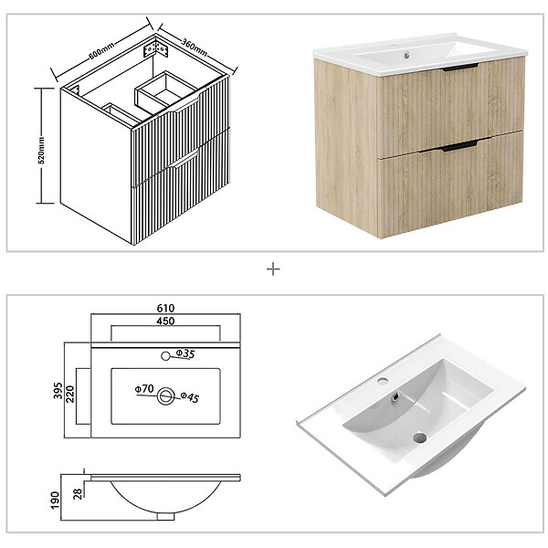 AICA SANITAIRE - Meuble de salle de bain suspendu Strié 60cm avec poignées + simple vasque + 2 tiroirs, Chêne - large
