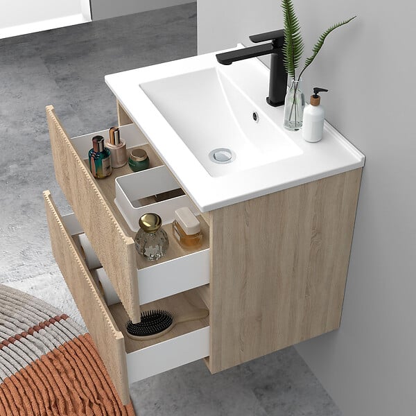 AICA SANITAIRE - Meuble de salle de bain suspendu Strié 60cm avec simple vasque + 2 tiroirs, Chêne - large