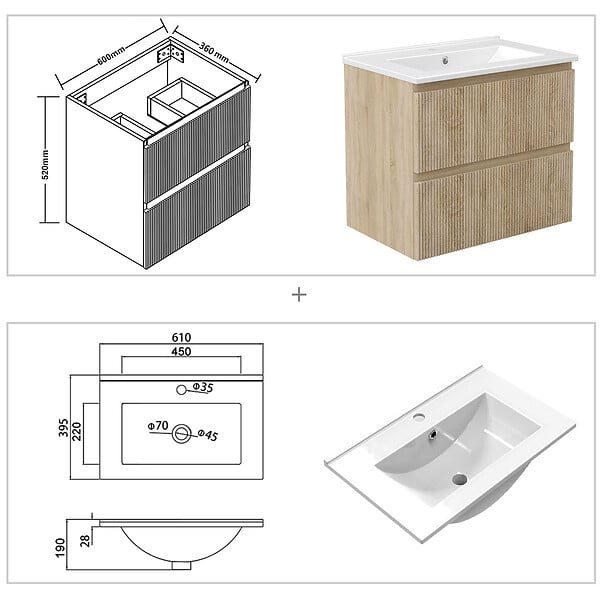 AICA SANITAIRE - Meuble de salle de bain suspendu Strié 60cm avec simple vasque + 2 tiroirs, Chêne - large