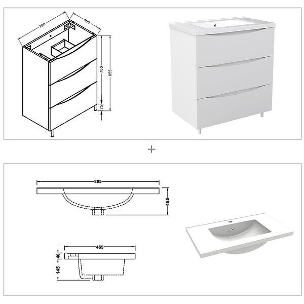 AICA SANITAIRE - Meuble de salle de bain suspendu 80cm avec simple vasque + 3 tiroirs, Blanc - large