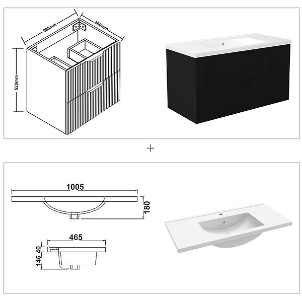 AICA SANITAIRE - Meuble de salle de bain suspendu Strié 100cm avec poignées + simple vasque + 2 tiroirs, Noir - large