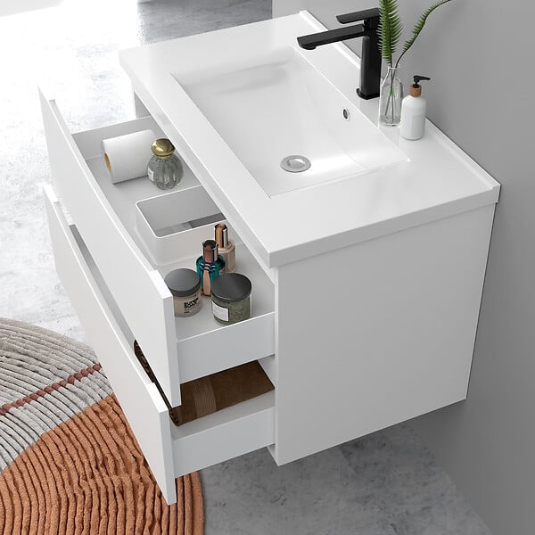 AICA SANITAIRE - Meuble de salle de bain suspendu 80cm avec simple vasque + 2 tiroirs, Blanc - large