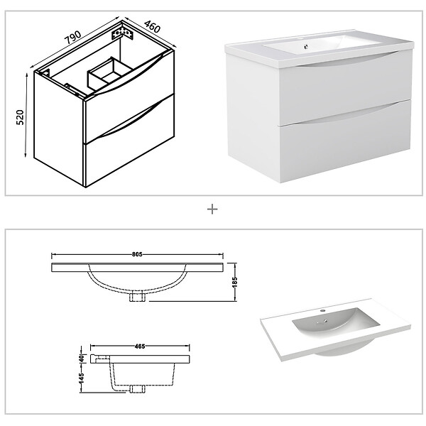 AICA SANITAIRE - Meuble de salle de bain suspendu 80cm avec simple vasque + 2 tiroirs, Blanc - large