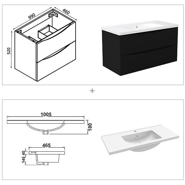 AICA SANITAIRE - Meuble de salle de bain suspendu 100cm avec simple vasque + 2 tiroirs, Noir - large