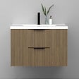 AICA SANITAIRE - Meuble de salle de bain suspendu Strié 80cm avec poignées + simple vasque + 2 tiroirs, Noyer - vignette