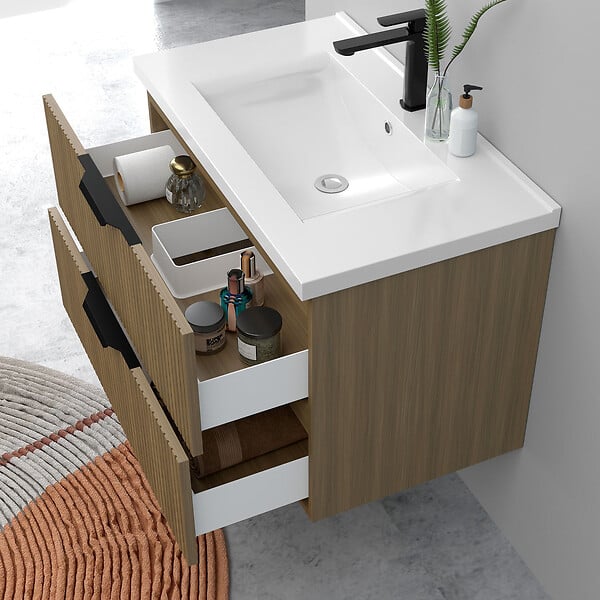AICA SANITAIRE - Meuble de salle de bain suspendu Strié 80cm avec poignées + simple vasque + 2 tiroirs, Noyer - large