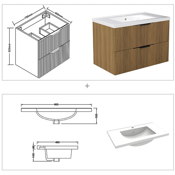 AICA SANITAIRE - Meuble de salle de bain suspendu Strié 80cm avec poignées + simple vasque + 2 tiroirs, Noyer - large