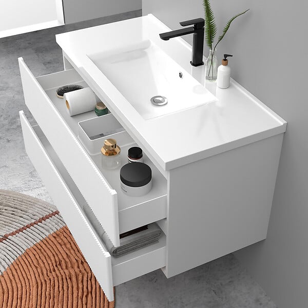 AICA SANITAIRE - Meuble de salle de bain suspendu Strié 100cm avec simple vasque + 2 tiroirs, Blanc - large