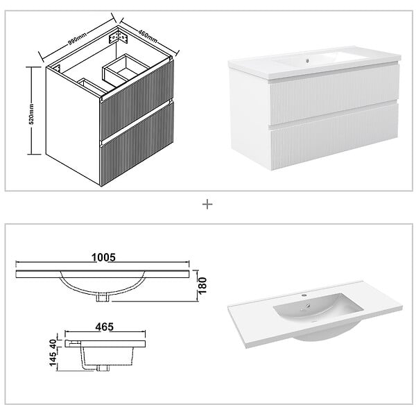 AICA SANITAIRE - Meuble de salle de bain suspendu Strié 100cm avec simple vasque + 2 tiroirs, Blanc - large