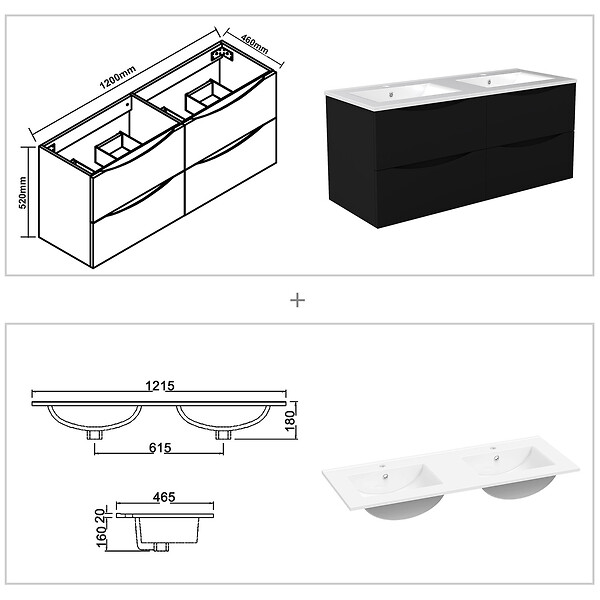 AICA SANITAIRE - Meuble de salle de bain suspendu 120cm avec double vasque + 4 tiroirs, Noir - large