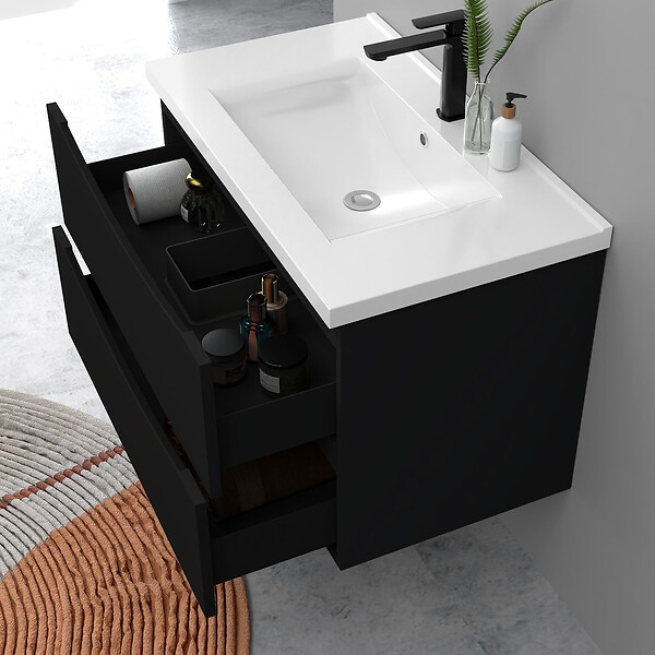 AICA SANITAIRE - Meuble de salle de bain suspendu 80cm avec simple vasque + 2 tiroirs, Noir - large