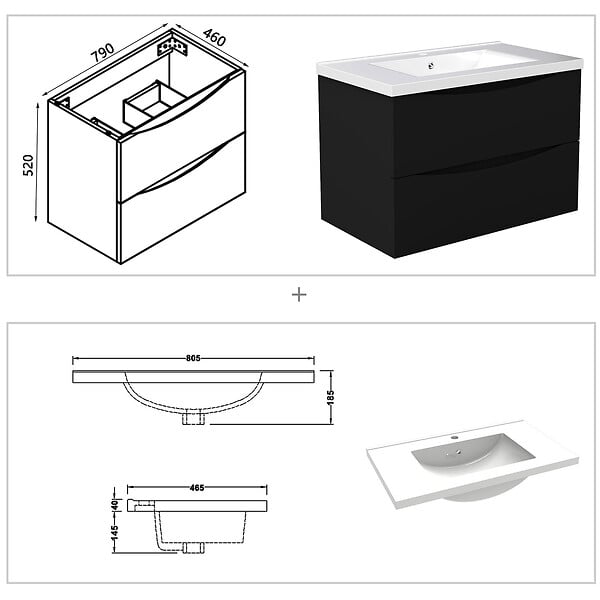 AICA SANITAIRE - Meuble de salle de bain suspendu 80cm avec simple vasque + 2 tiroirs, Noir - large