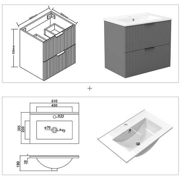 AICA SANITAIRE - Aica Meuble de salle de bain suspendu 60 cm Anthracite + 2 tiroirs, avec Vasque + Armoire salle de bain avec miroir - large