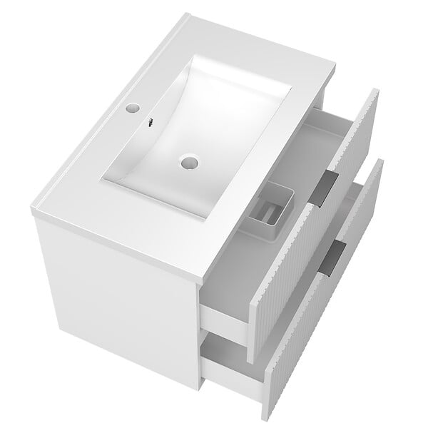 AICA SANITAIRE - Aica Meuble de salle de bain suspendu 80 cm Blanc + 2 tiroirs, avec Vasque + Miroir LED - large