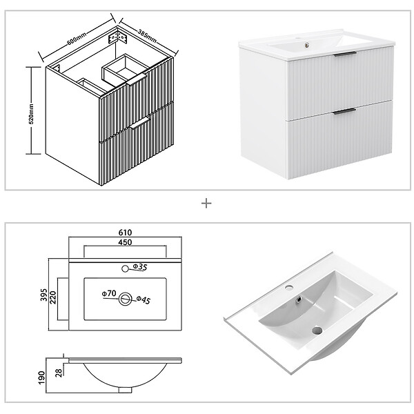 AICA SANITAIRE - Aica Meuble de salle de bain suspendu 60 cm Blanc + 2 tiroirs, avec Vasque + Armoire salle de bain avec miroir - large