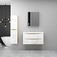 AICA SANITAIRE - AICA Ensemble Meuble Salle de Bain Brillant Suspendu 100cm, Blanc + Chêne, Meuble 2 tiroirs + Lavabo + Armoire salle de bain avec miroir + Colonne - vignette