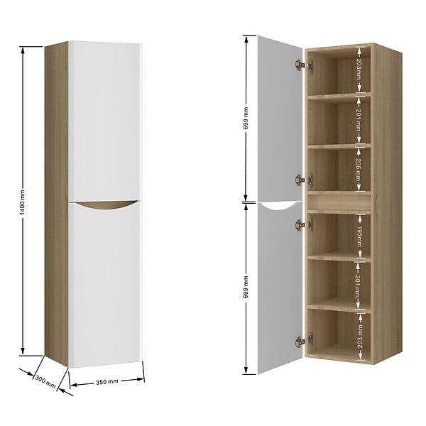 AICA SANITAIRE - AICA Ensemble Meuble Salle de Bain Brillant Suspendu 100cm, Blanc + Chêne, Meuble 2 tiroirs + Lavabo + Armoire salle de bain avec miroir + Colonne - large