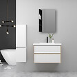 AICA SANITAIRE - AICA Ensemble Meuble Salle de Bain Suspendu 80cm, Blanc + Chêne, Meuble 2 tiroirs + Lavabo + Armoire salle de bain avec miroir + Colonne - vignette