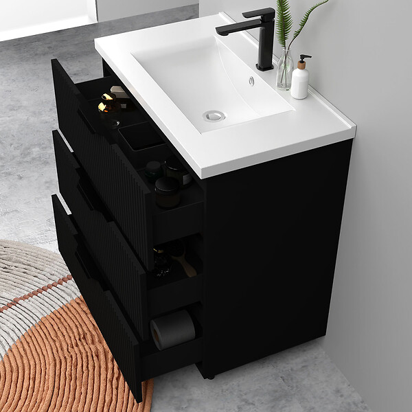 AICA SANITAIRE - Meuble de salle de bain suspendu Strié 80cm avec poignées + simple vasque + 3 tiroirs, Noir - large