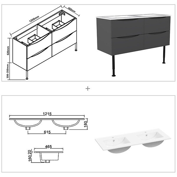 AICA SANITAIRE - Meuble de salle de bain suspendu 120cm avec pieds + double vasque + 4 tiroirs, Anthracite - large