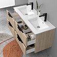 AICA SANITAIRE - Meuble de salle de bain suspendu Strié 120cm avec poignées + double vasque + 4 tiroirs, Chêne - vignette