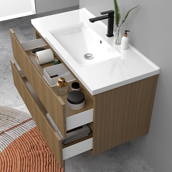 AICA SANITAIRE - Meuble de salle de bain suspendu 100cm avec simple vasque + 2 tiroirs, Noyer - large