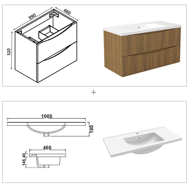 AICA SANITAIRE - Meuble de salle de bain suspendu 100cm avec simple vasque + 2 tiroirs, Noyer - large