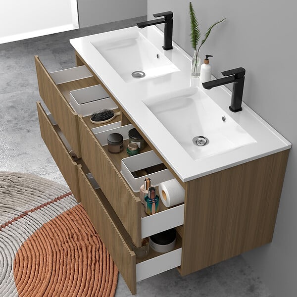 AICA SANITAIRE - Meuble de salle de bain suspendu Strié 120cm avec double vasque + 4 tiroirs, Noyer - large