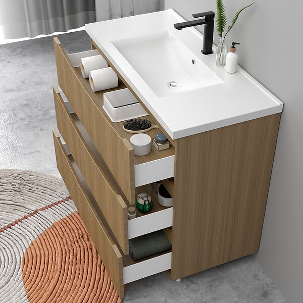 AICA SANITAIRE - Meuble de salle de bain suspendu 100cm avec simple vasque + 3 tiroirs, Noyer - large
