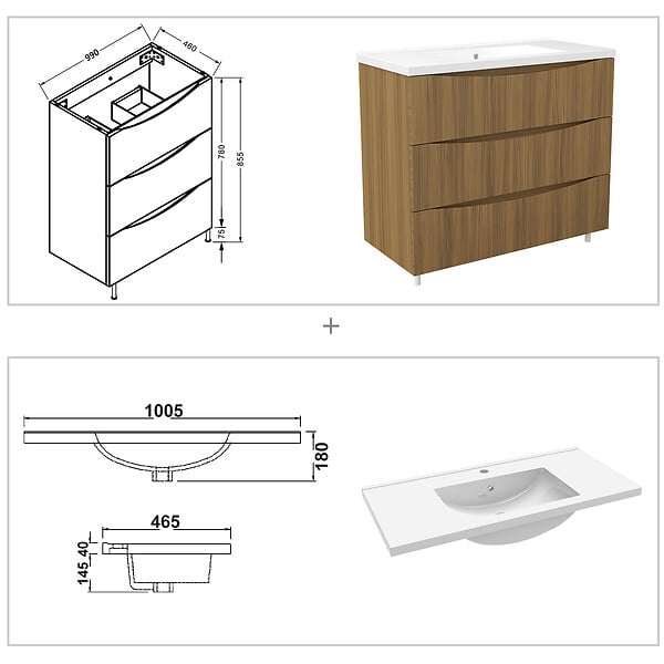 AICA SANITAIRE - Meuble de salle de bain suspendu 100cm avec simple vasque + 3 tiroirs, Noyer - large