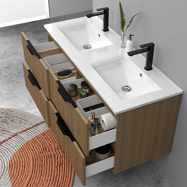 AICA SANITAIRE - Meuble de salle de bain suspendu Strié 120cm avec poignées + double vasque + 4 tiroirs, Noyer - large
