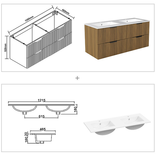 AICA SANITAIRE - Meuble de salle de bain suspendu Strié 120cm avec poignées + double vasque + 4 tiroirs, Noyer - large