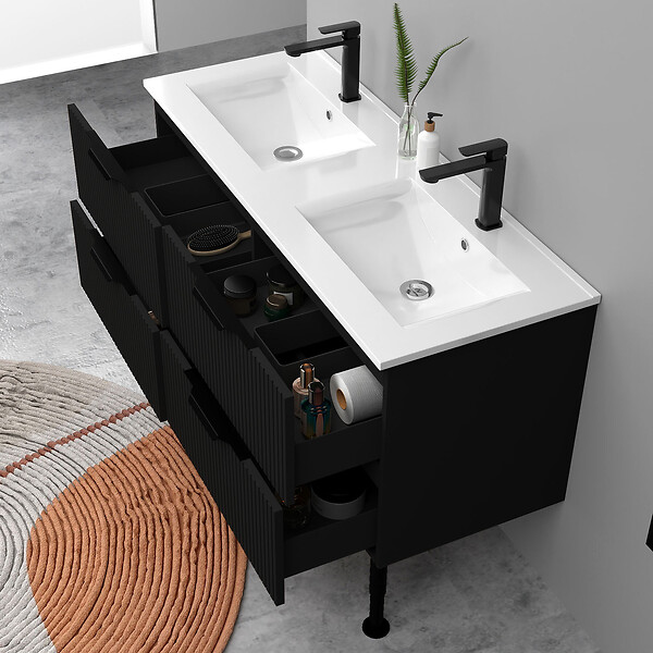 AICA SANITAIRE - Meuble de salle de bain suspendu Strié 120cm avec pieds + poignées + double vasque + 4 tiroirs, Noir - large