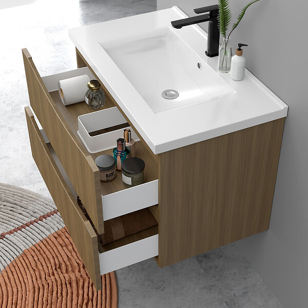 AICA SANITAIRE - Meuble de salle de bain suspendu 80cm avec simple vasque + 2 tiroirs, Noyer - large