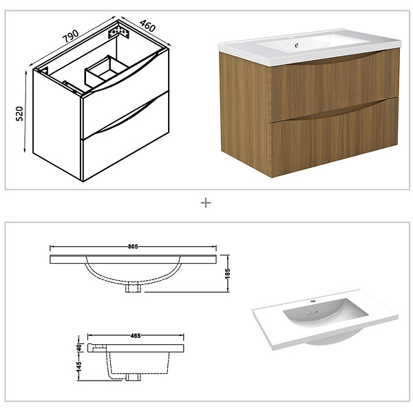 AICA SANITAIRE - Meuble de salle de bain suspendu 80cm avec simple vasque + 2 tiroirs, Noyer - large