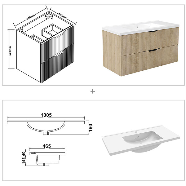 AICA SANITAIRE - Meuble de salle de bain suspendu Strié 100cm avec poignées + simple vasque + 2 tiroirs, Chêne - large