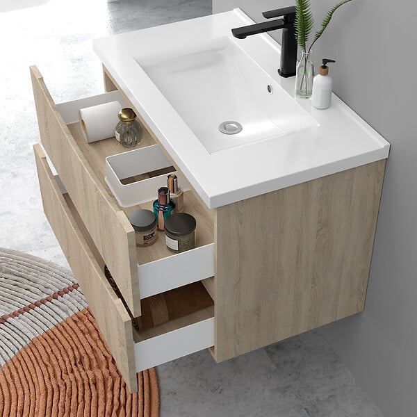 AICA SANITAIRE - Meuble de salle de bain suspendu 80cm avec simple vasque + 2 tiroirs, Chêne - large
