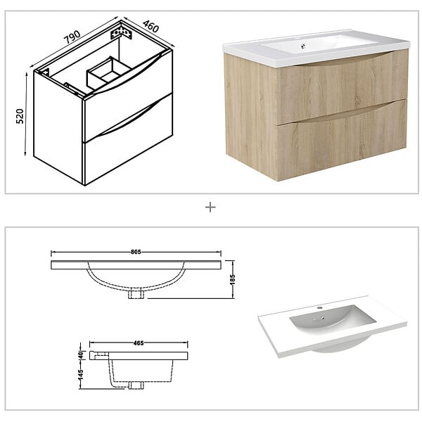 AICA SANITAIRE - Meuble de salle de bain suspendu 80cm avec simple vasque + 2 tiroirs, Chêne - large