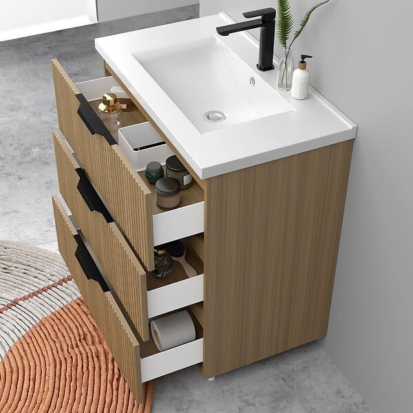 AICA SANITAIRE - Meuble de salle de bain suspendu Strié 80cm avec poignées + simple vasque + 3 tiroirs, Noyer - large
