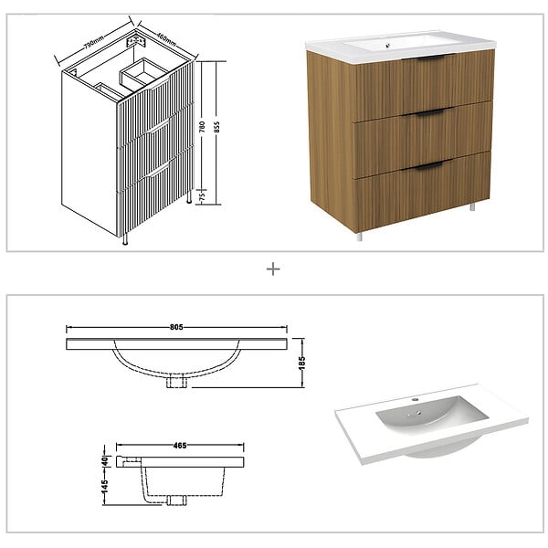 AICA SANITAIRE - Meuble de salle de bain suspendu Strié 80cm avec poignées + simple vasque + 3 tiroirs, Noyer - large