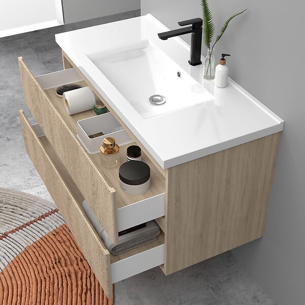 AICA SANITAIRE - Meuble de salle de bain suspendu Strié 100cm avec simple vasque + 2 tiroirs, Chêne - large