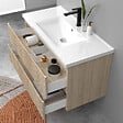 AICA SANITAIRE - Meuble de salle de bain suspendu Strié 100cm avec simple vasque + 2 tiroirs, Chêne - vignette