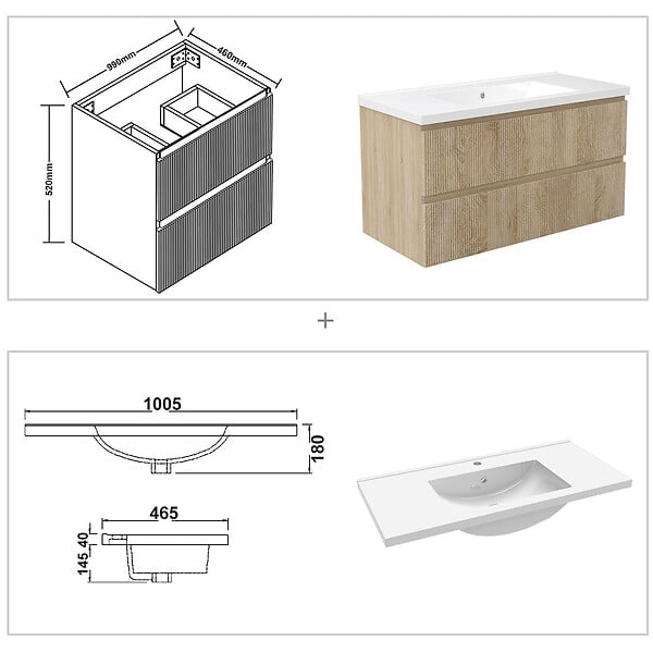 AICA SANITAIRE - Meuble de salle de bain suspendu Strié 100cm avec simple vasque + 2 tiroirs, Chêne - large