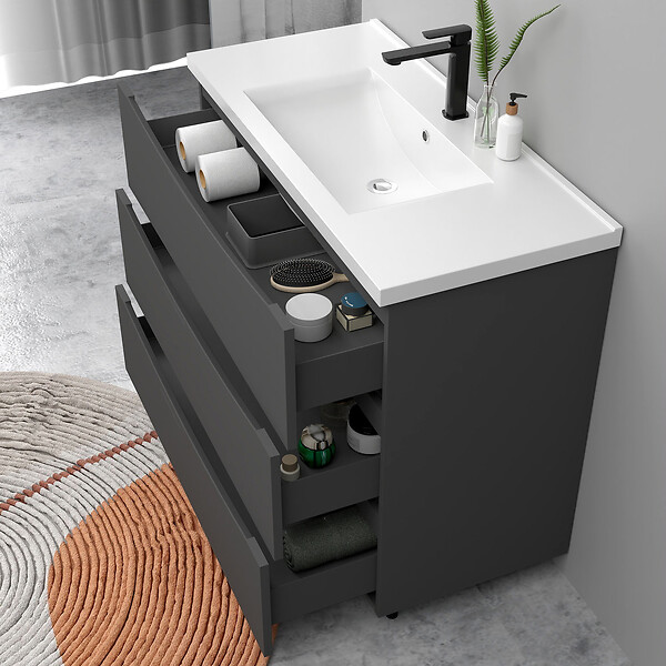 AICA SANITAIRE - Meuble de salle de bain suspendu 100cm avec simple vasque + 3 tiroirs, Anthracite - large