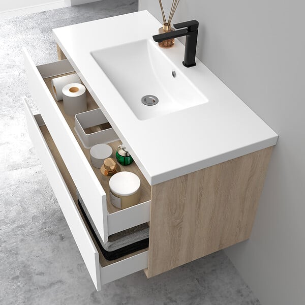 AICA SANITAIRE - AICA Ensemble Meuble Salle de Bain Suspendu 100cm, Blanc + Chêne, Meuble 2 tiroirs + Lavabo + Miroir LED - large