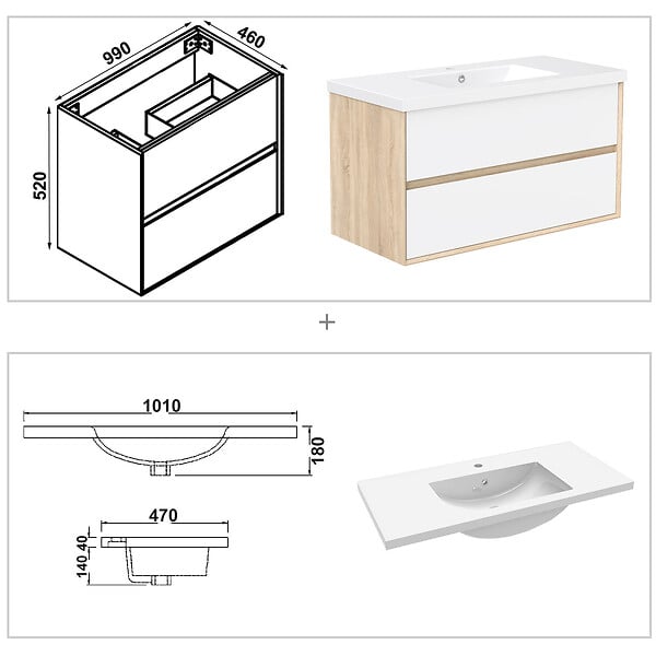 AICA SANITAIRE - AICA Ensemble Meuble Salle de Bain Suspendu 100cm, Blanc + Chêne, Meuble 2 tiroirs + Lavabo + Miroir LED - large