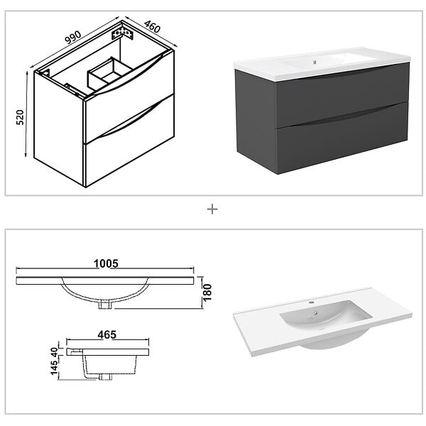 AICA SANITAIRE - Meuble de salle de bain suspendu 100cm avec simple vasque + 2 tiroirs, Anthracite - large