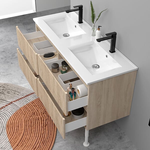 AICA SANITAIRE - Meuble de salle de bain suspendu Strié 120cm avec pieds + double vasque + 4 tiroirs, Chêne - large