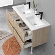 AICA SANITAIRE - Meuble de salle de bain suspendu Strié 120cm avec pieds + double vasque + 4 tiroirs, Chêne - vignette